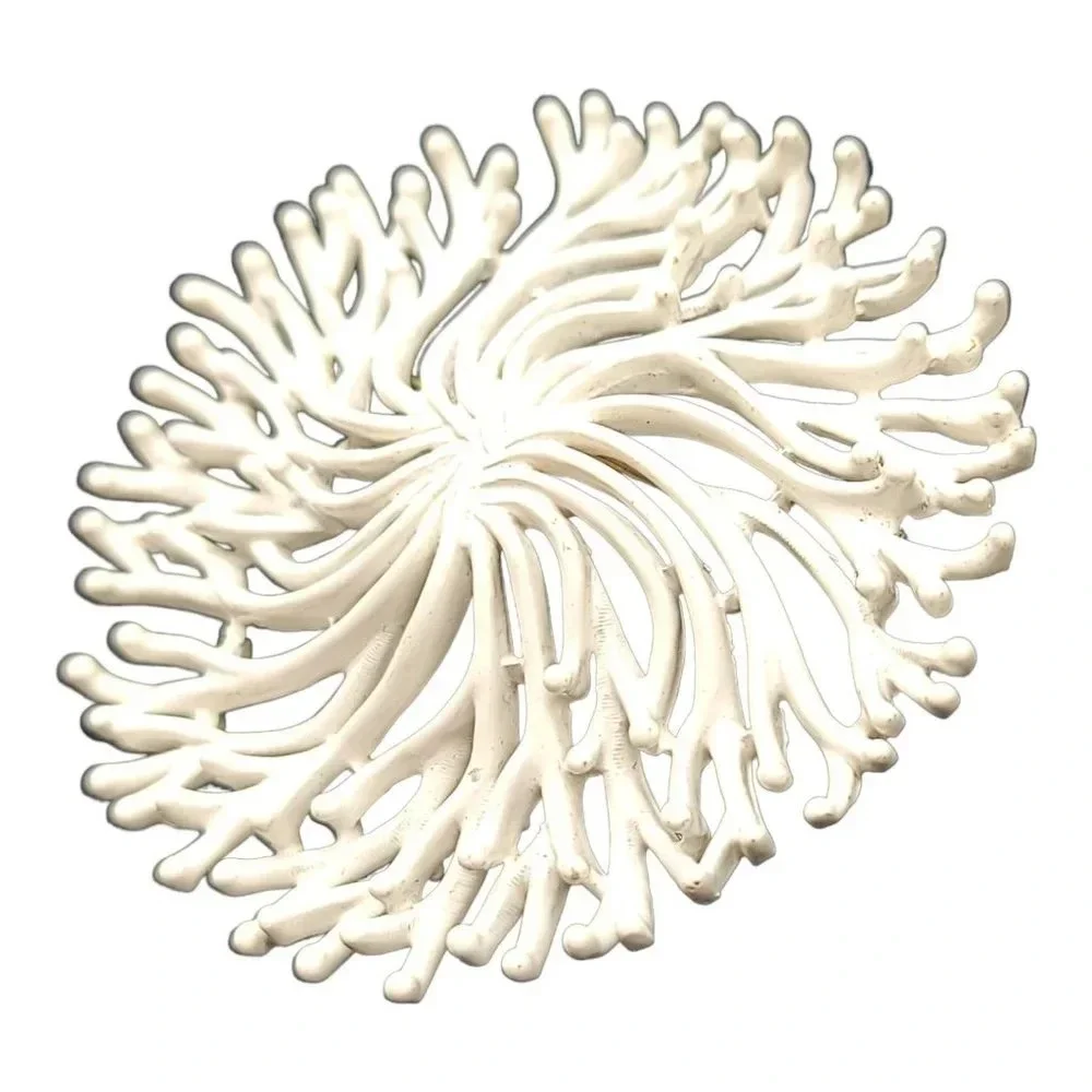 Trifari White Enamel Flower Coral Nature Inspired Brooch Vintage